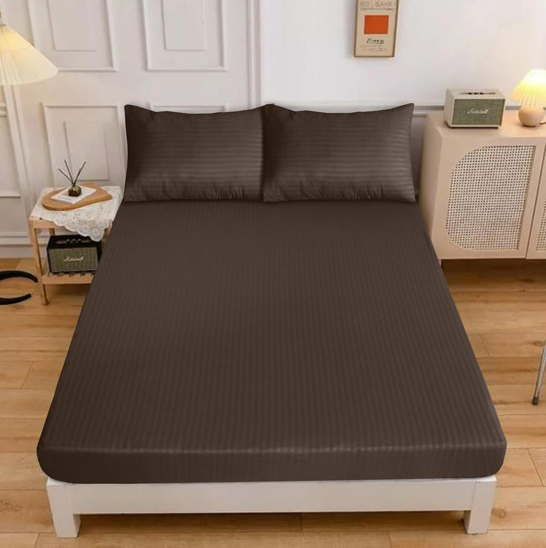 Dark Brown Stripe Satin Fitted Sheet - (Premium)