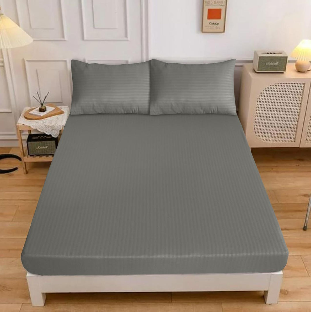 Dark Grey Stripe Satin Fitted Sheet - (Premium)