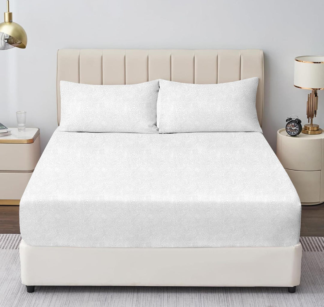 White Floral Pattern Satin Fitted Sheet - (Premium)
