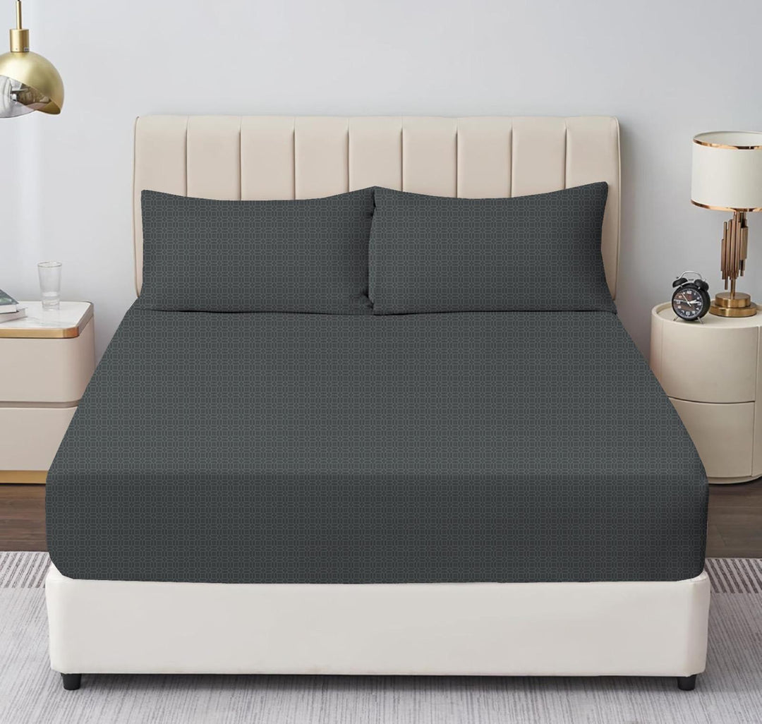 Dark Charcoal Geometric Pattern Satin Fitted Sheet - (Premium)